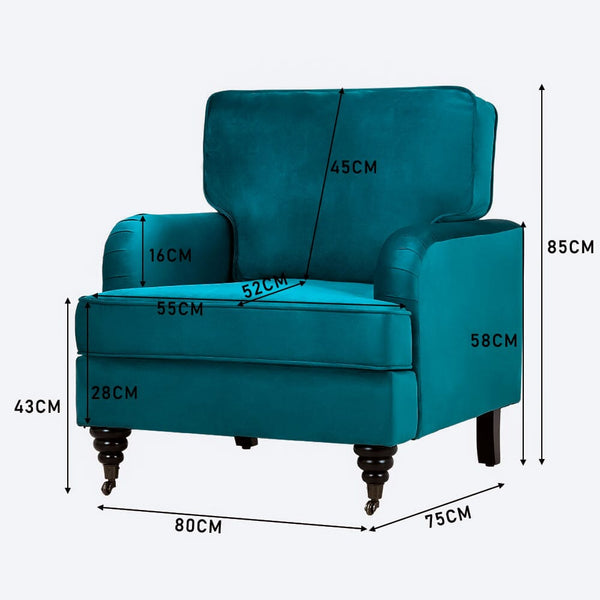 85cm Height Teal Velvet Padded Armchair with Removable Cushion