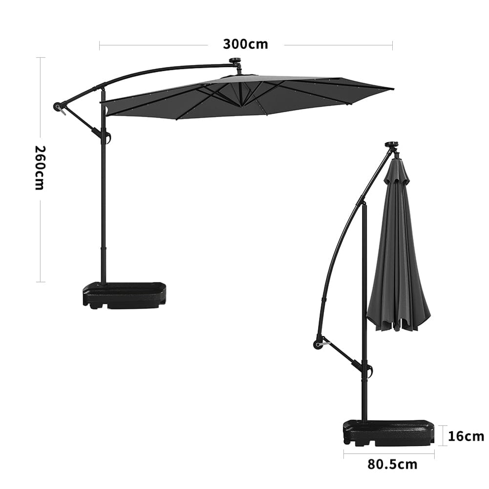 Beige/Light Grey/Dark Grey 3m Iron Banana Umbrella Cantilever Garden Parasols with LED Lights Parasols Living and Home Rectangle water tank base Dark Grey 