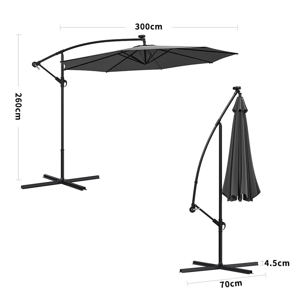 Beige/Light Grey/Dark Grey 3m Iron Banana Umbrella Cantilever Garden Parasols with LED Lights Parasols Living and Home Cross Base Dark Grey 