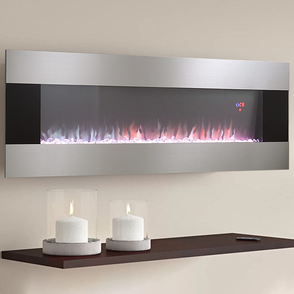 50/60 Inch Silver Electric Fireplace Crystal Accents 6 Flame Colour Heater Wall Mounted Fireplaces Wall Mounted Fireplaces Living and Home 