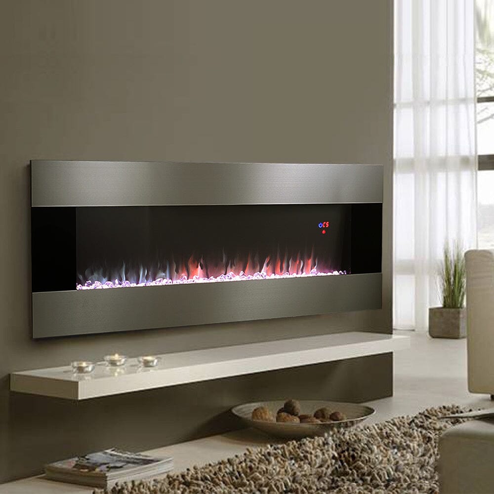 50/60 Inch Silver Electric Fireplace Crystal Accents 6 Flame Colour Heater Wall Mounted Fireplaces Wall Mounted Fireplaces Living and Home 