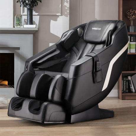 135.9cm D Real Relax Black Faux Leather Massage Chair with 6 Pre-Set Auto Modes Message Chairs Living and Home 