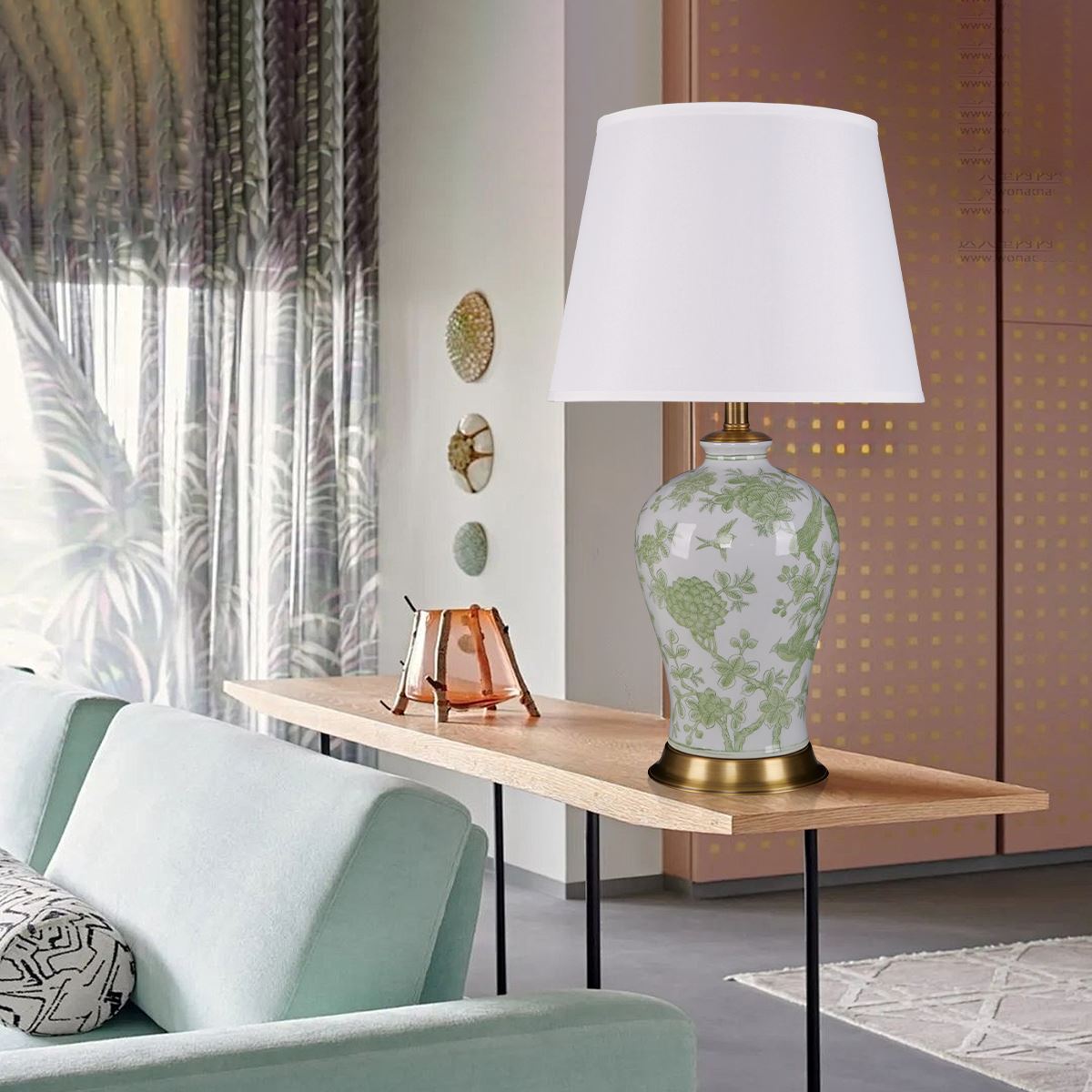 Lightsin Green Floral Ceramic Table Lamp with Copper Base and Fabric Shade Lightsin UK 