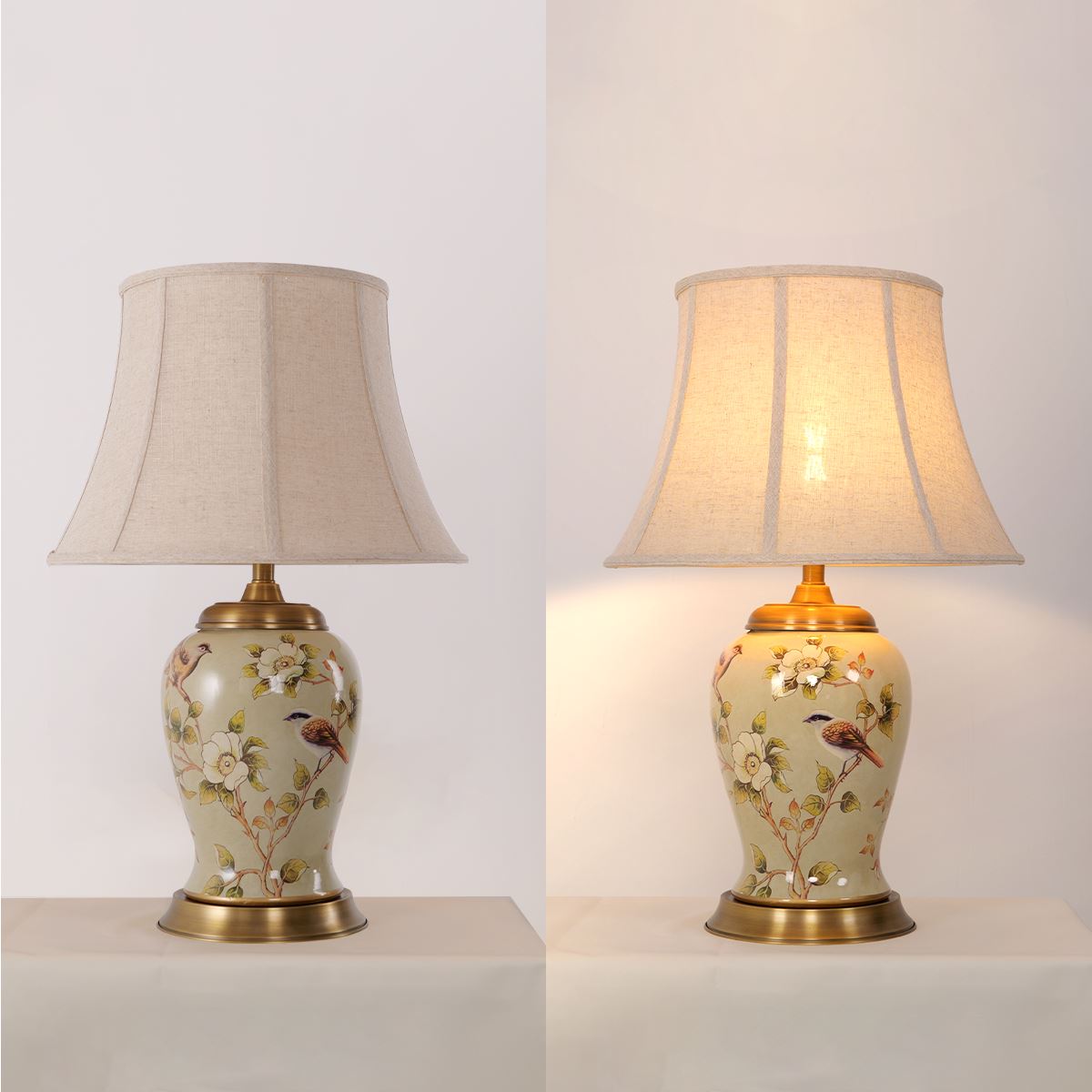 Vintage Camellia Ceramic Table Lamp with Copper Base and Fabric Shade Lightsin UK 