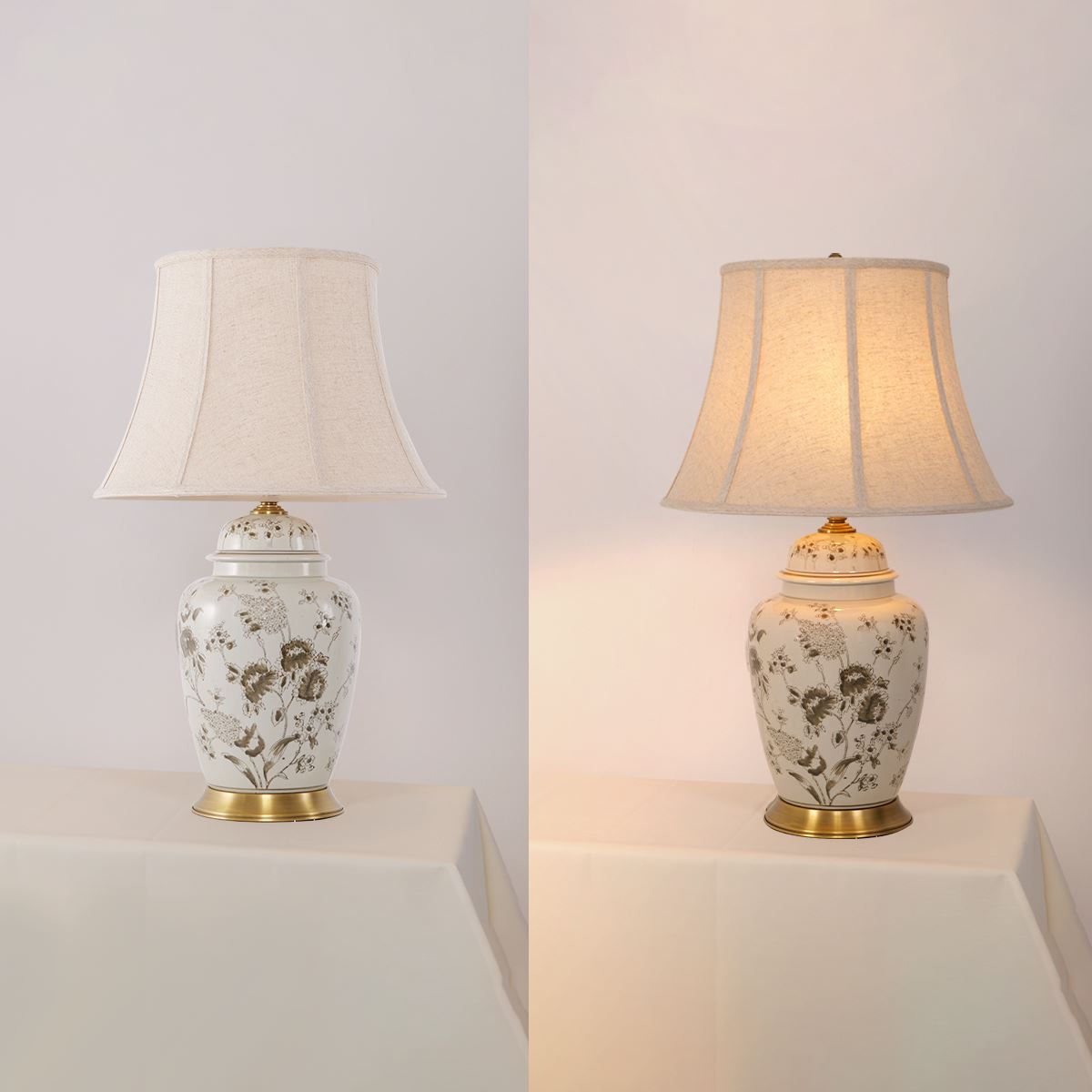 Chrysanthemum Ceramic and Copper Table Lamp with Fabric Shade Lightsin UK 