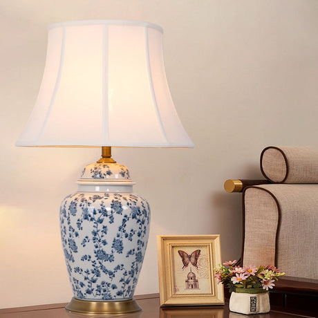 Lightsin Blue Floral Ceramic Table Lamp with Fabric Shade and Brass Base Lightsin UK 