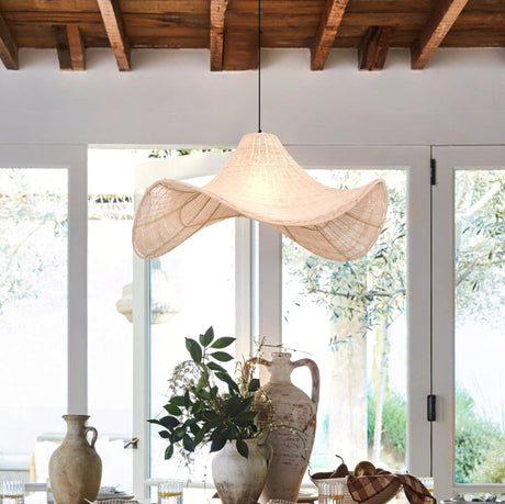 Lightsin Natural & White Hat-Shaped Handwoven Rattan Pendant Light Lightsin UK White 