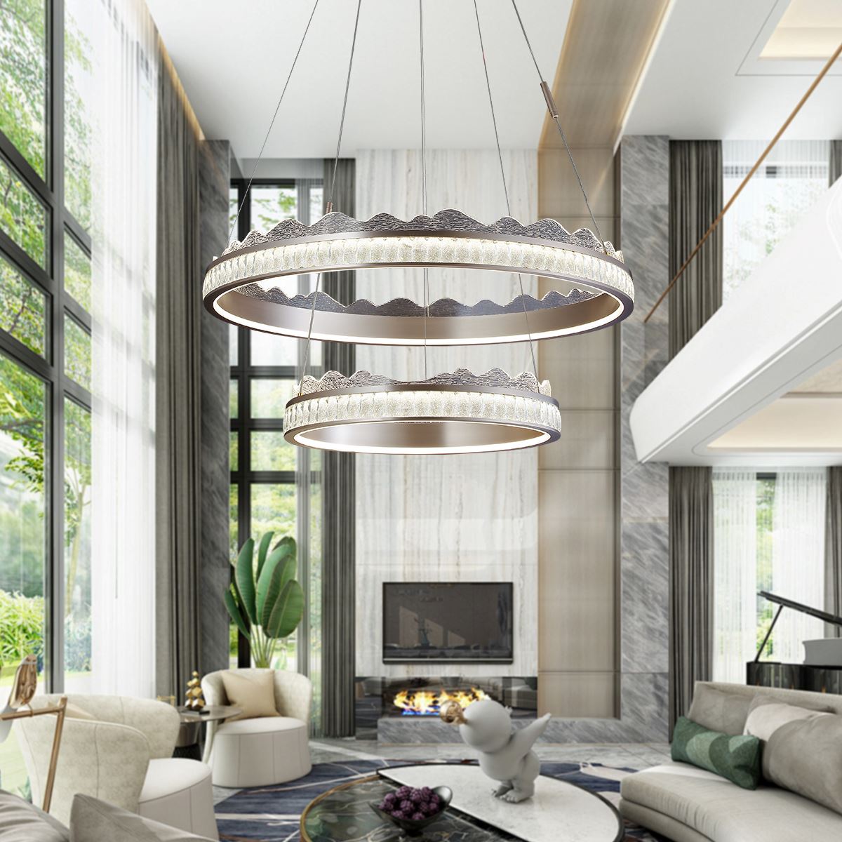 Lightsin Golden Crystal Dual-Ring LED Pendant Light in Modern Aluminum Design Lightsin UK 