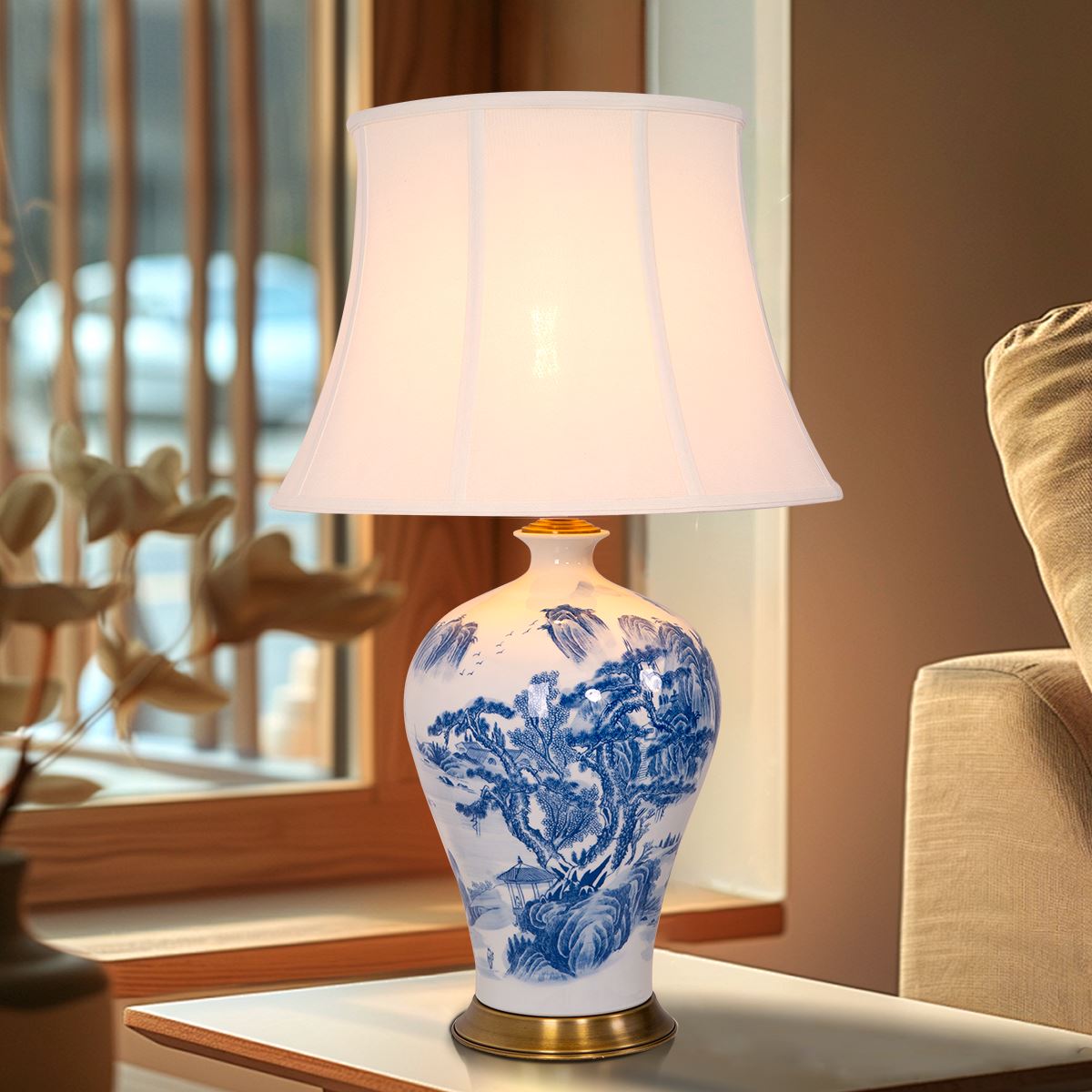 Lightsin Classic Blue and White Ceramic Table Lamp with Fabric Shade Lightsin UK 