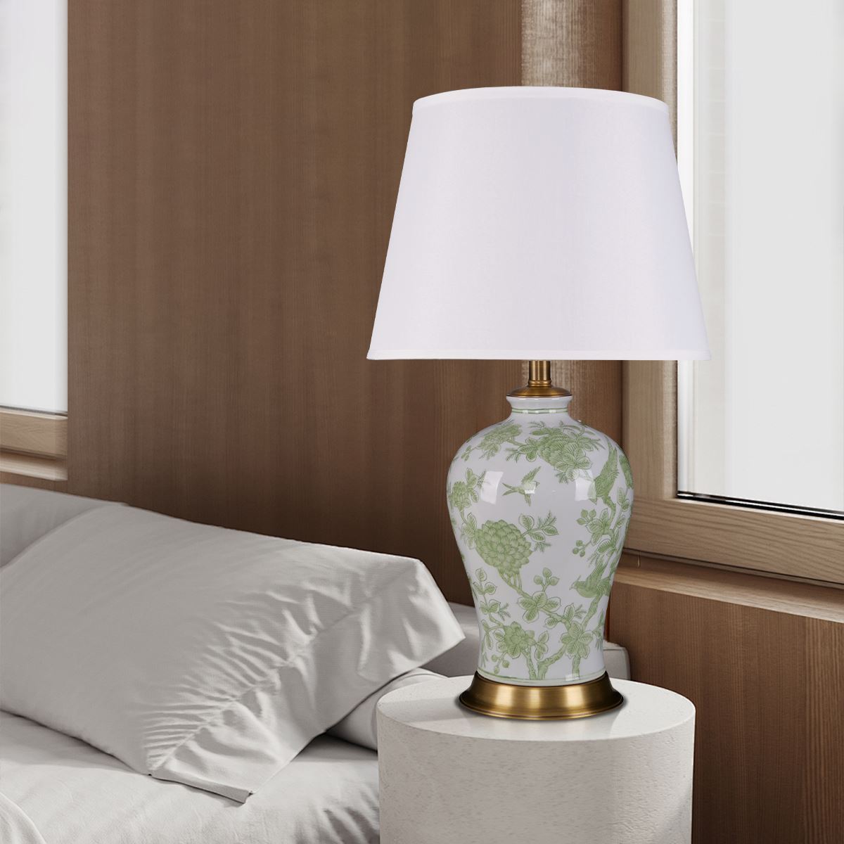 Lightsin Green Floral Ceramic Table Lamp with Copper Base and Fabric Shade Lightsin UK 