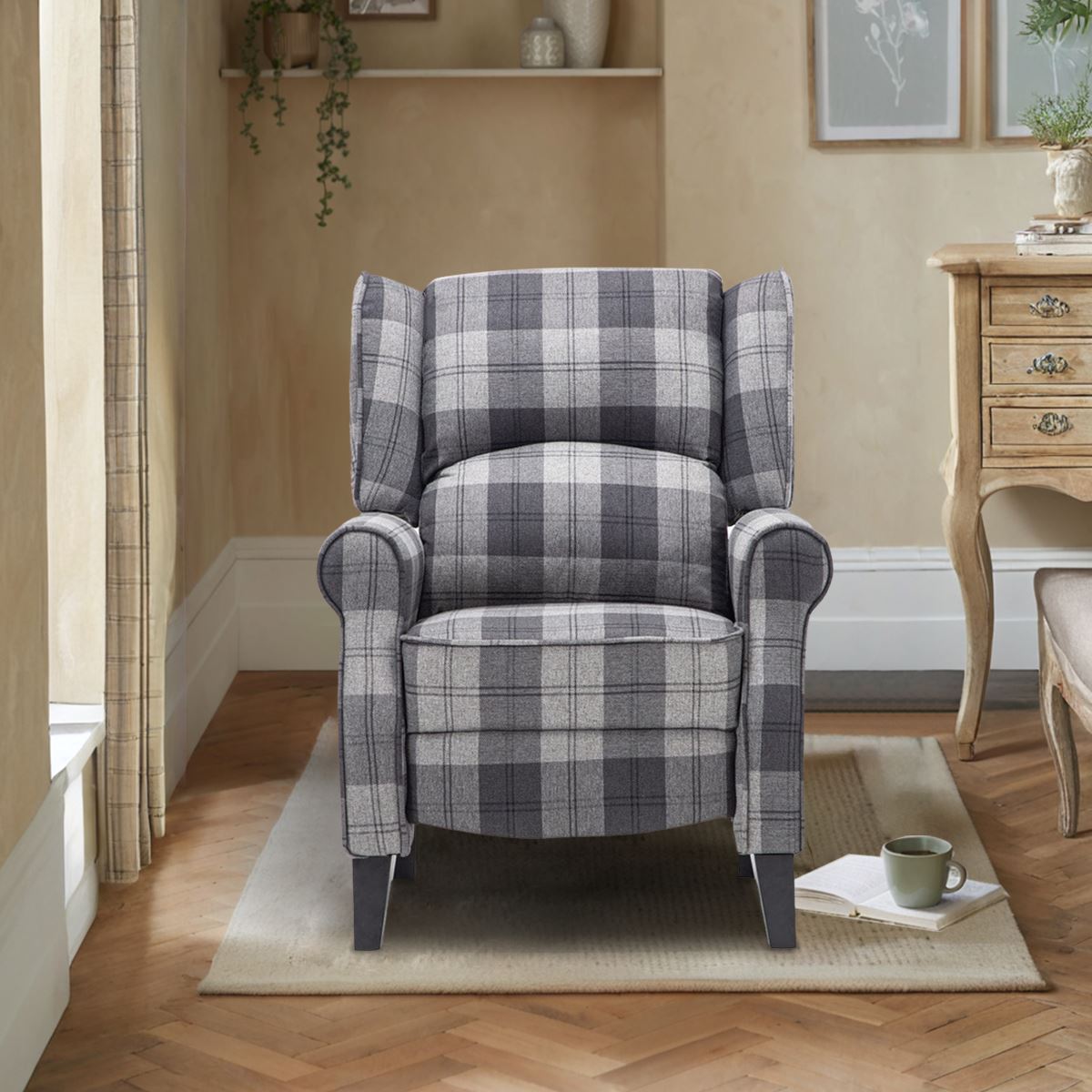 Tartan Upholstered Recliner Chair with Comfortable and Relaxing Footrest Recliners-AWIN Living and Home Grey 