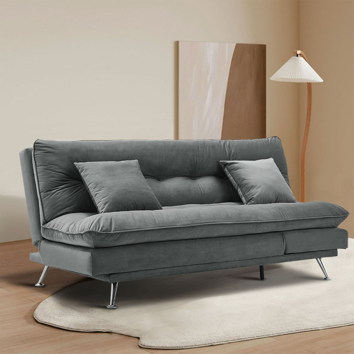 Modern 3-Seater Linen Fabric Sofa Bed with Cushions and 2 Pillows Sofa Beds Living and Home 