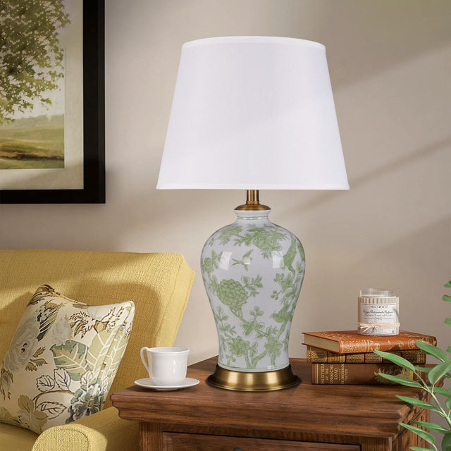 Lightsin Green Floral Ceramic Table Lamp with Copper Base and Fabric Shade Lightsin UK 