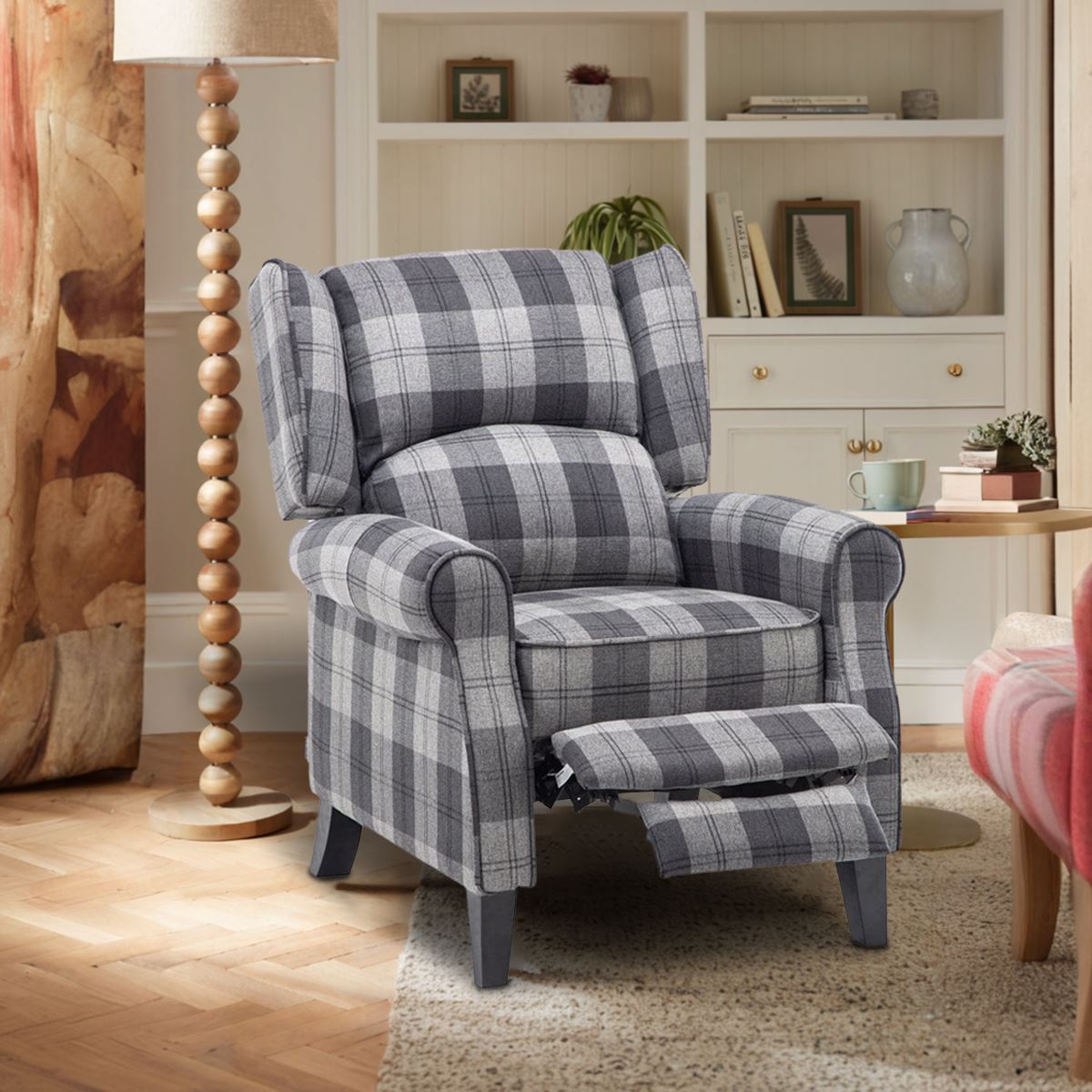 Tartan Upholstered Recliner Chair with Comfortable and Relaxing Footrest Recliners-AWIN Living and Home 