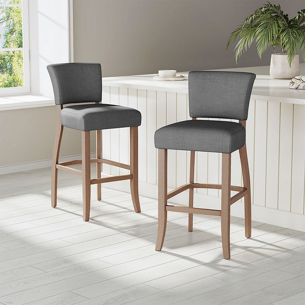 Set of 2 Linen Upholstered Bar Stool with Natural Wood Legs Bar Stools Living and Home 