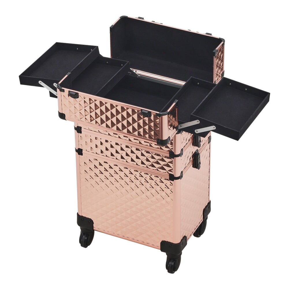 3 in 1 Rose Gold/Black Portable Cosmetic Travel Case with Wheels Makeup Organizers Living and Home 