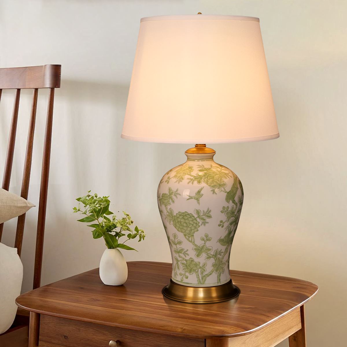 Lightsin Green Floral Ceramic Table Lamp with Copper Base and Fabric Shade Lightsin UK 