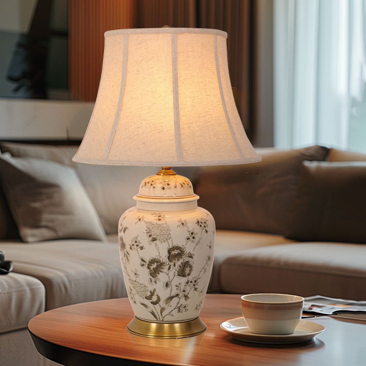 Lightsin Chrysanthemum Ceramic and Copper Table Lamp with Fabric Shade Lightsin UK 