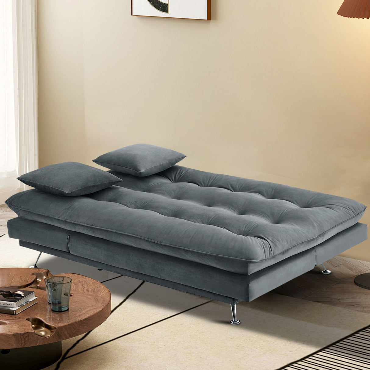 Modern 3-Seater Linen Fabric Sofa Bed with Cushions and 2 Pillows Sofa Beds Living and Home 