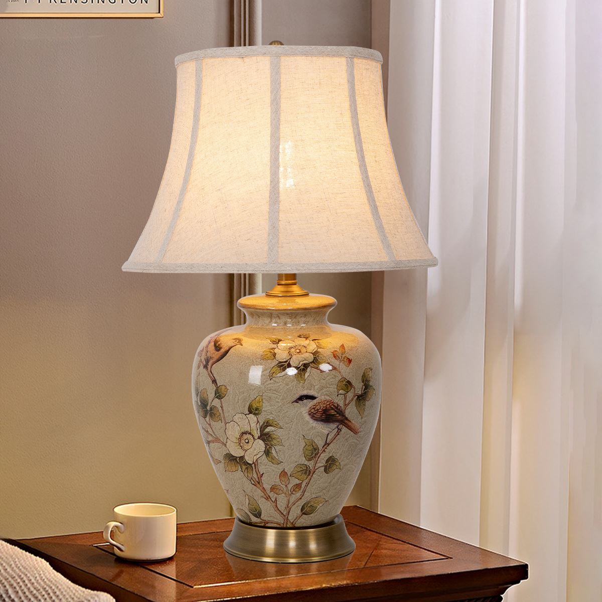 Lightsin Vintage Ceramic Bird-Pattern Table Lamp with Fabric Shade Lightsin UK 