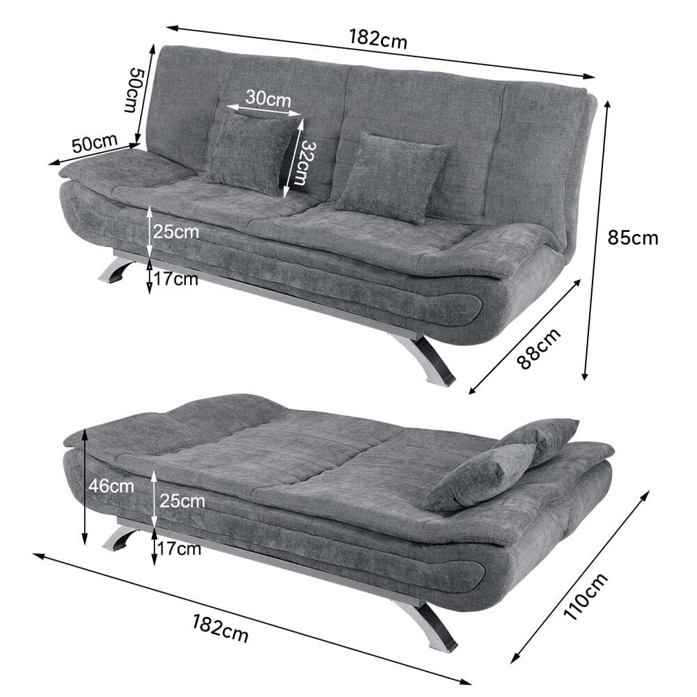 190cm Wide Grey 3 Seater Sofa Linen Convertible Sofa Bed with 2 Pillows Sofa Beds Living and Home 