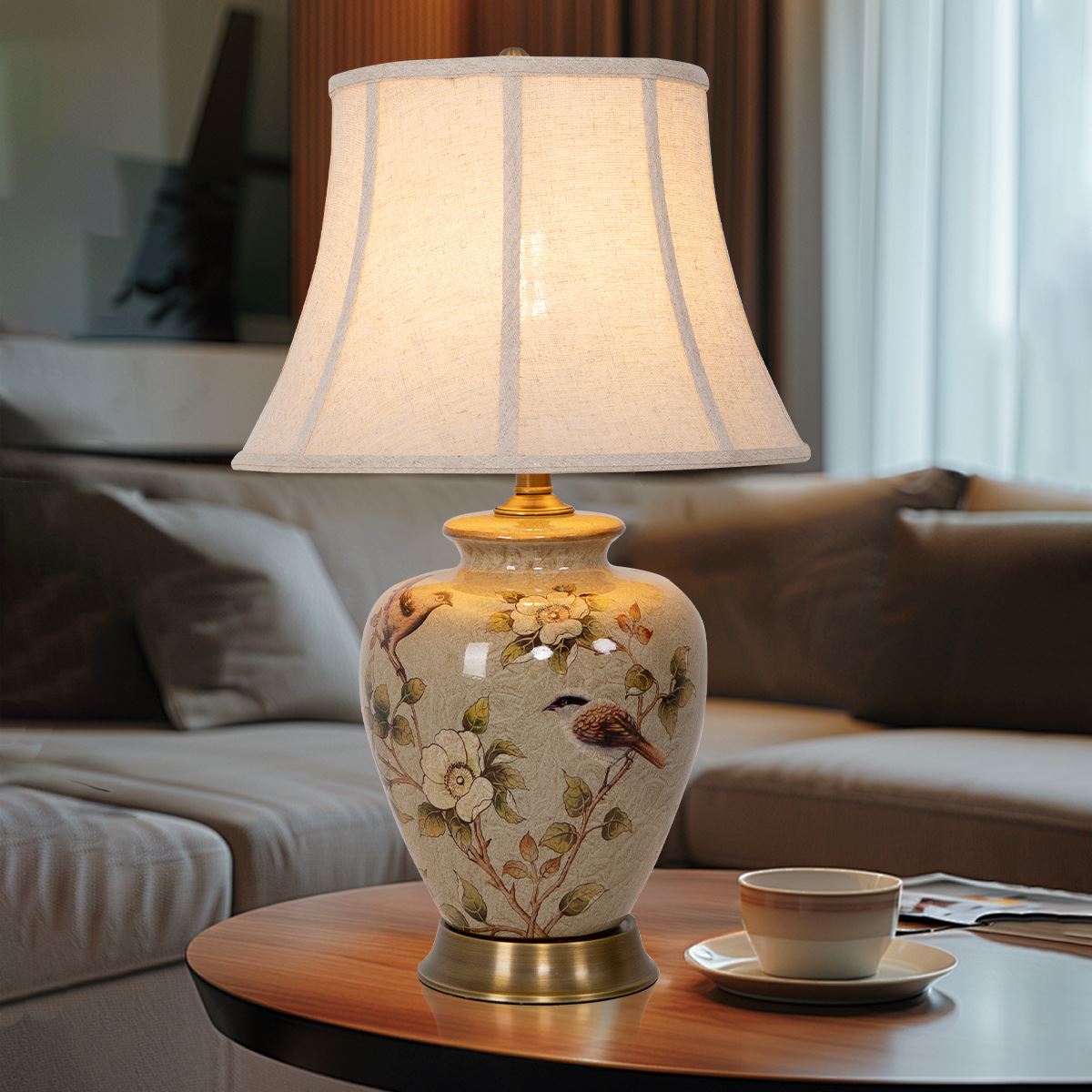 Lightsin Vintage Ceramic Bird-Pattern Table Lamp with Fabric Shade Lightsin UK 