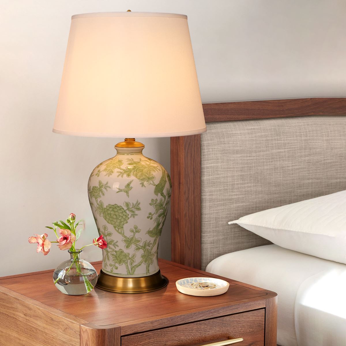 Lightsin Green Floral Ceramic Table Lamp with Copper Base and Fabric Shade Lightsin UK 