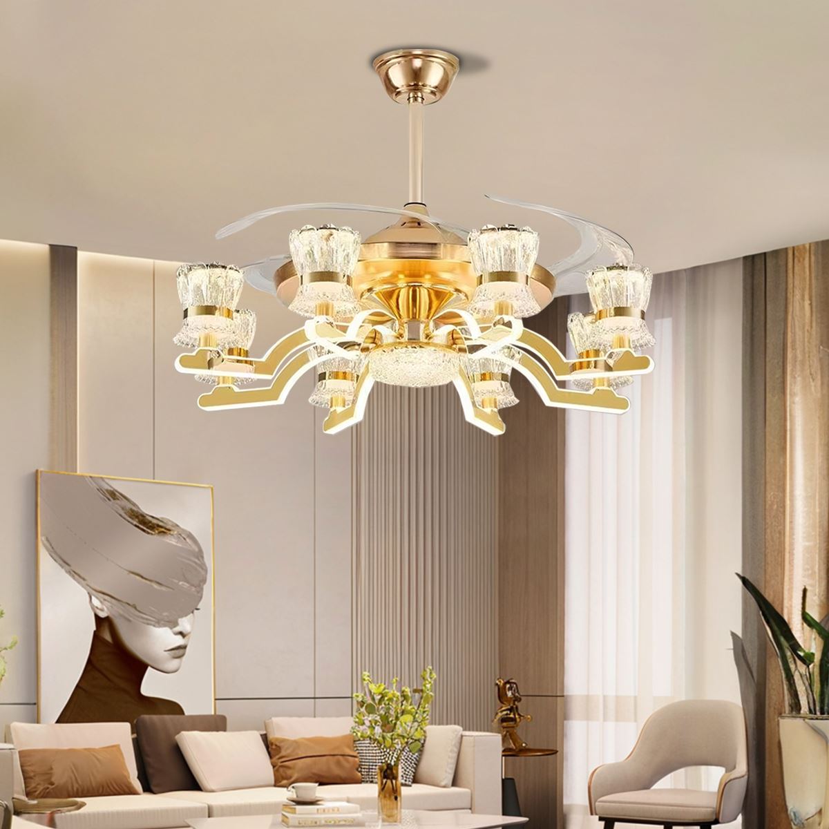 Lightsin 78cm Elegant Gold Copper Crystal Fan Light Lightsin UK 