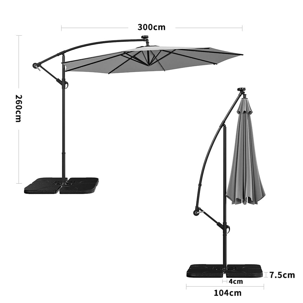 Beige/Light Grey/Dark Grey 3m Iron Banana Umbrella Cantilever Garden Parasols with LED Lights Parasols Living and Home Cross base+Petal water tank base Light Grey 