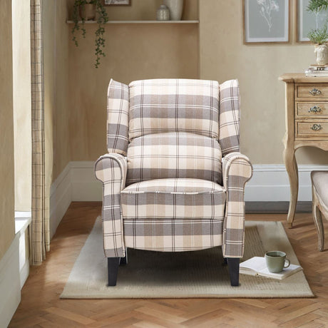 Tartan Upholstered Recliner Chair with Comfortable and Relaxing Footrest Recliners-AWIN Living and Home Beige 