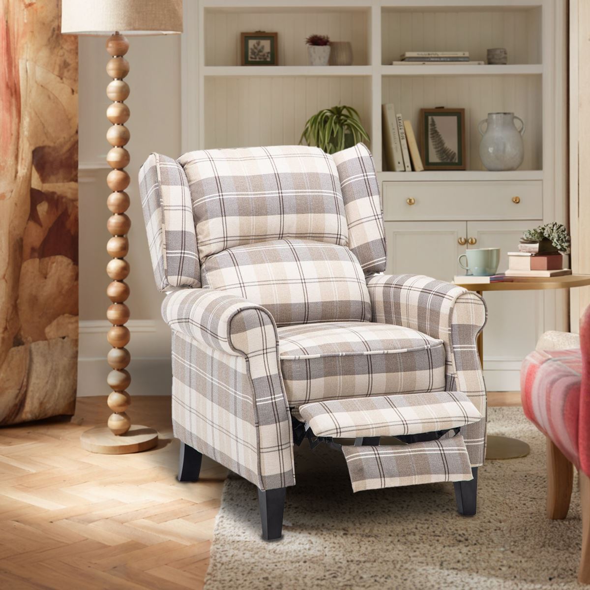 Tartan Upholstered Recliner Chair with Comfortable and Relaxing Footrest Recliners-AWIN Living and Home 