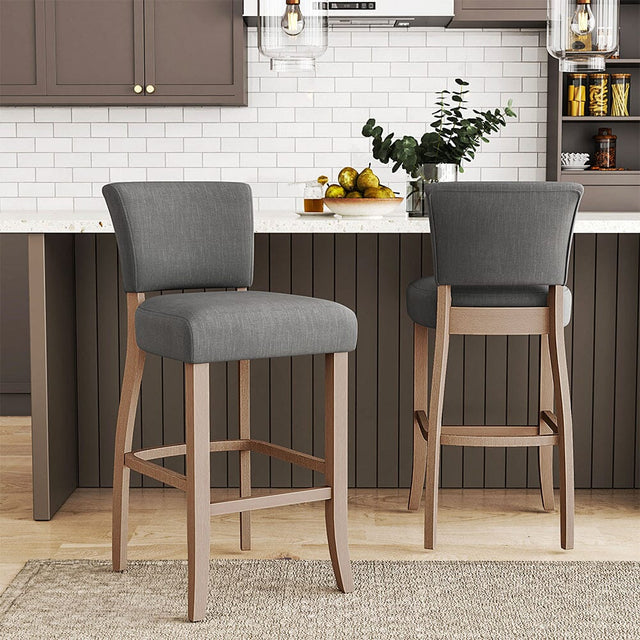 Set of 2 Linen Upholstered Bar Stool with Natural Wood Legs Bar Stools Living and Home 