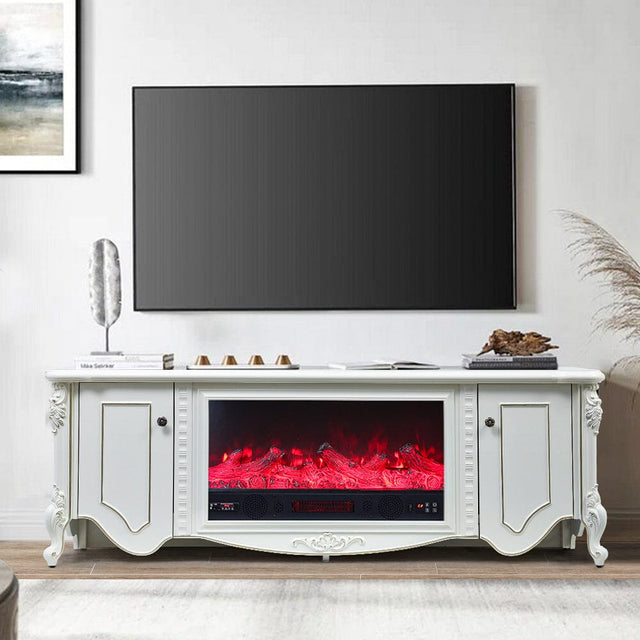 Elegant White Resin Carved TV Stand with Integrated Fireplace Cabinet Living and Home 