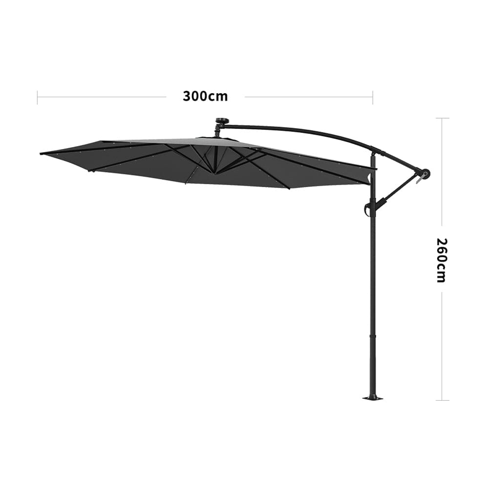 Beige/Light Grey/Dark Grey 3m Iron Banana Umbrella Cantilever Garden Parasols with LED Lights Parasols Living and Home Only Parasol Dark Grey 