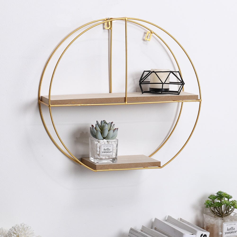 Elegant Round 2-Tier Wall Shelf with Golden Iron Rings – Easy Installation Included Living and Home 