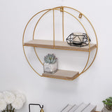 Elegant Round 2-Tier Wall Shelf with Golden Iron Rings – Easy Installation Included Living and Home 