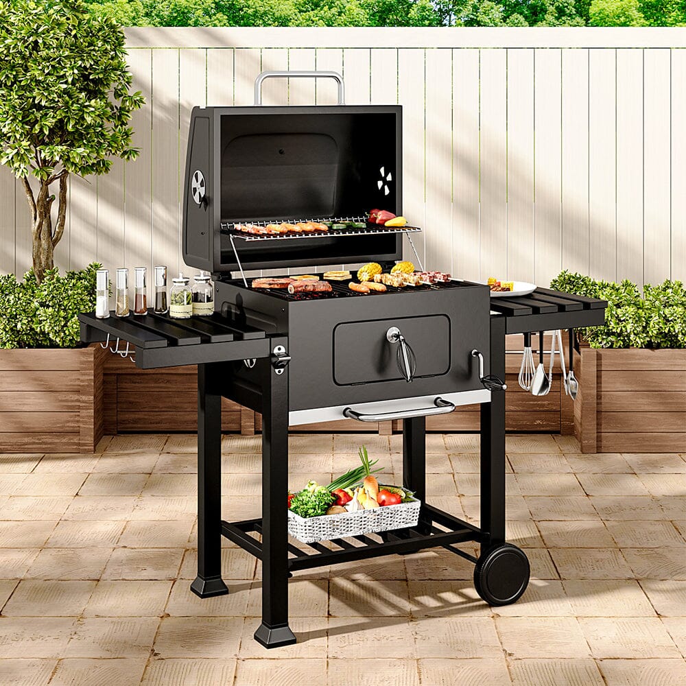 Outdoor Carbon Steel BBQ Cooker BBQ Grill Garden Wide 138cm w/ Side Sh ...