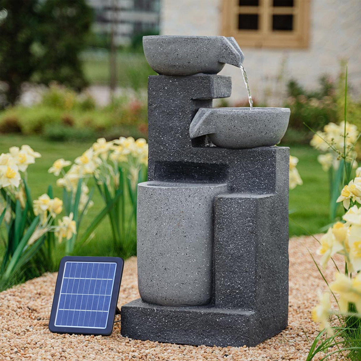 Garden Cascading Fountain Solar LED Light Rockfall Water Feature Fountains Living and Home 