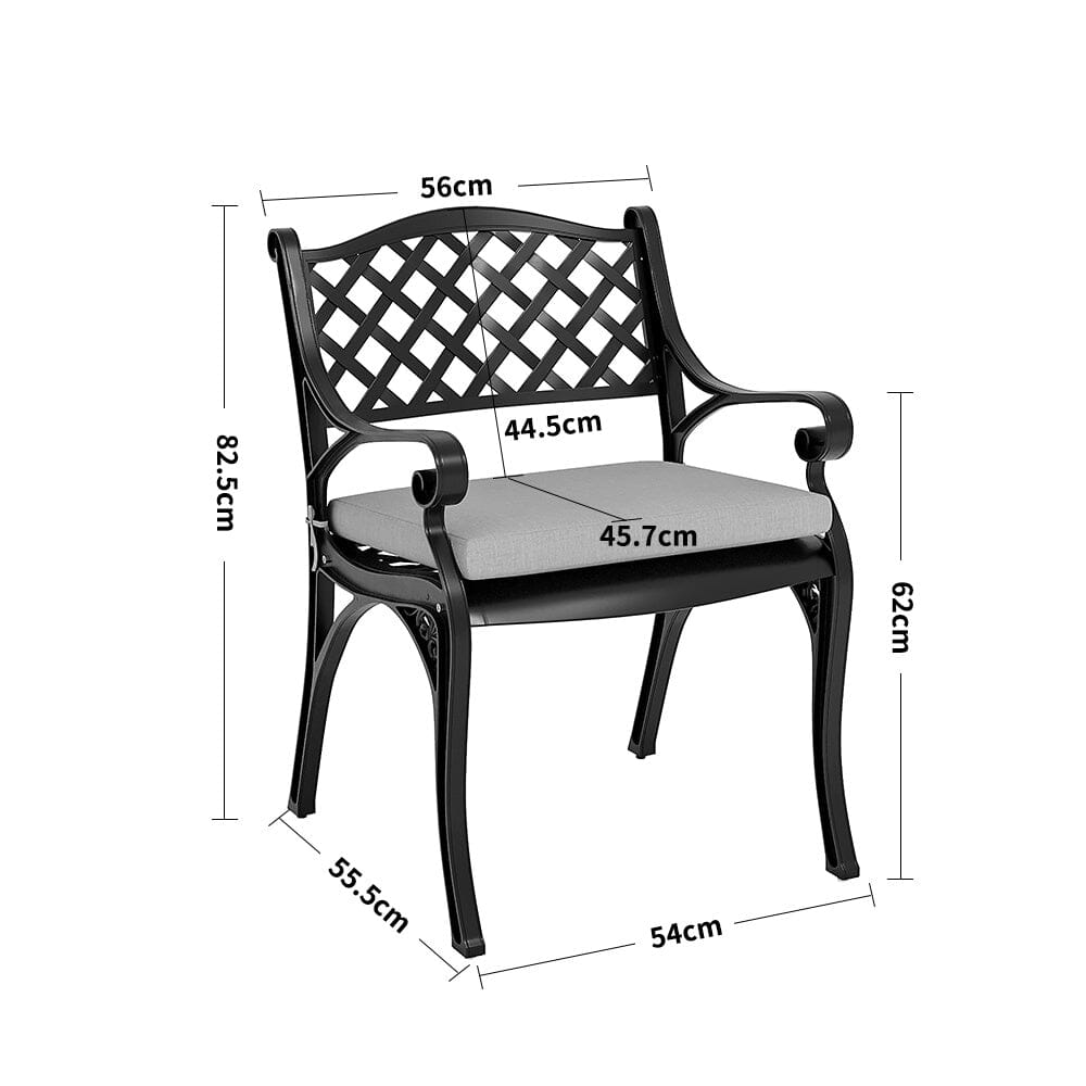 Set of 2 Garden Chairs Cast Aluminium Armchairs with Cushion Black/White Patio Side Chairs Living and Home 