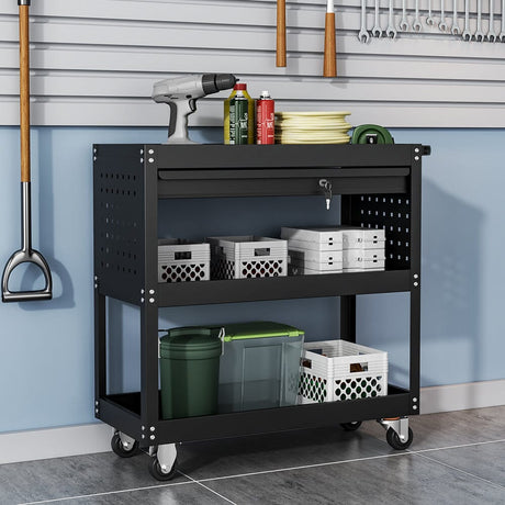 3 Tier Rolling Tool Cart with Lockable Drawer Tool Storage Cabinets Living and Home 