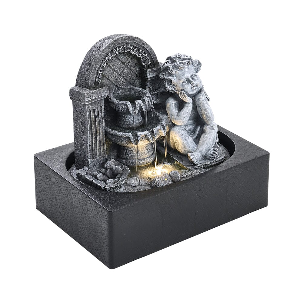 Grey Tabletop Resin Cherub Fountain with LED Light Indoor Table Decorations Living and Home 