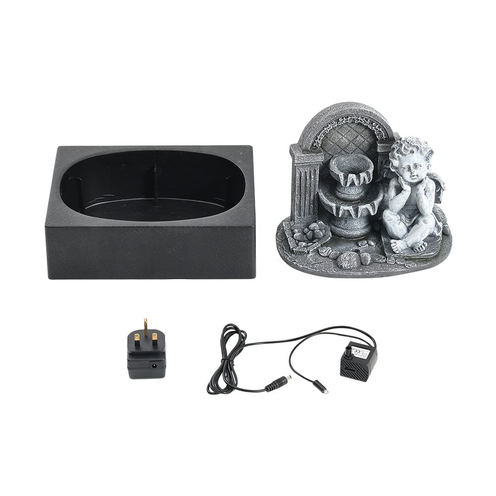 Grey Tabletop Resin Cherub Fountain with LED Light Indoor Table Decorations Living and Home 