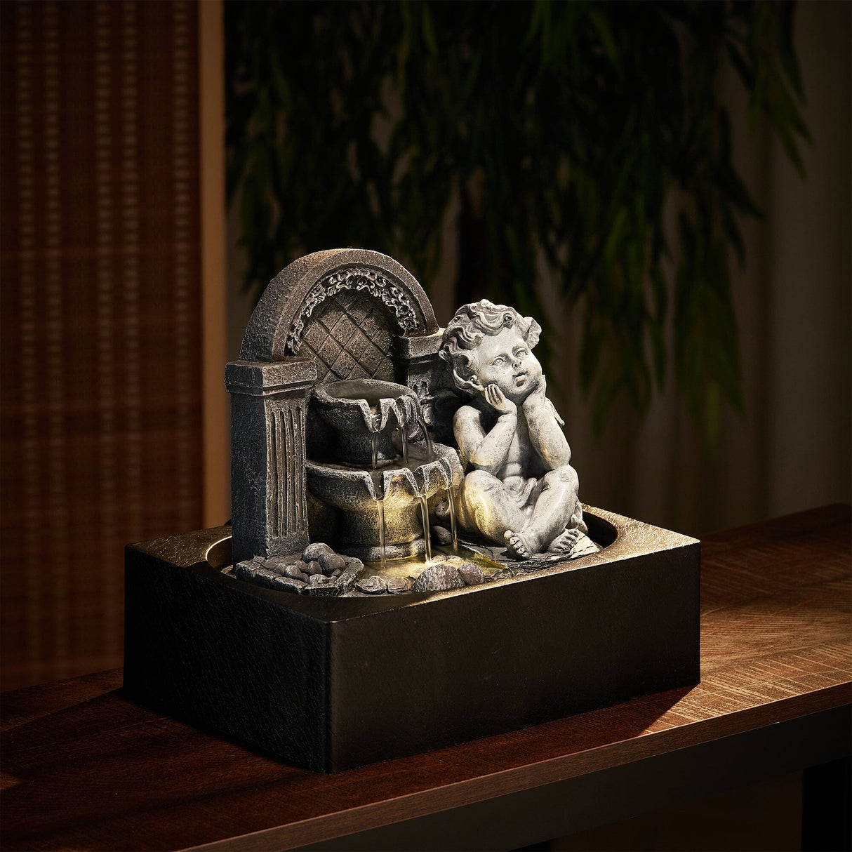 Grey Tabletop Resin Cherub Fountain with LED Light Indoor Table Decorations Living and Home 