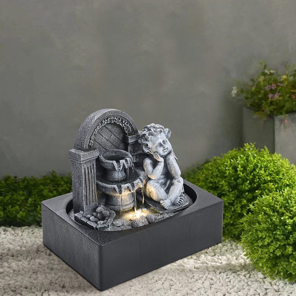 Grey Tabletop Resin Cherub Fountain with LED Light Indoor Table Decorations Living and Home 