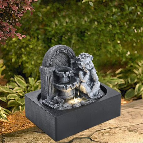 Grey Tabletop Resin Cherub Fountain with LED Light Indoor Table Decorations Living and Home 