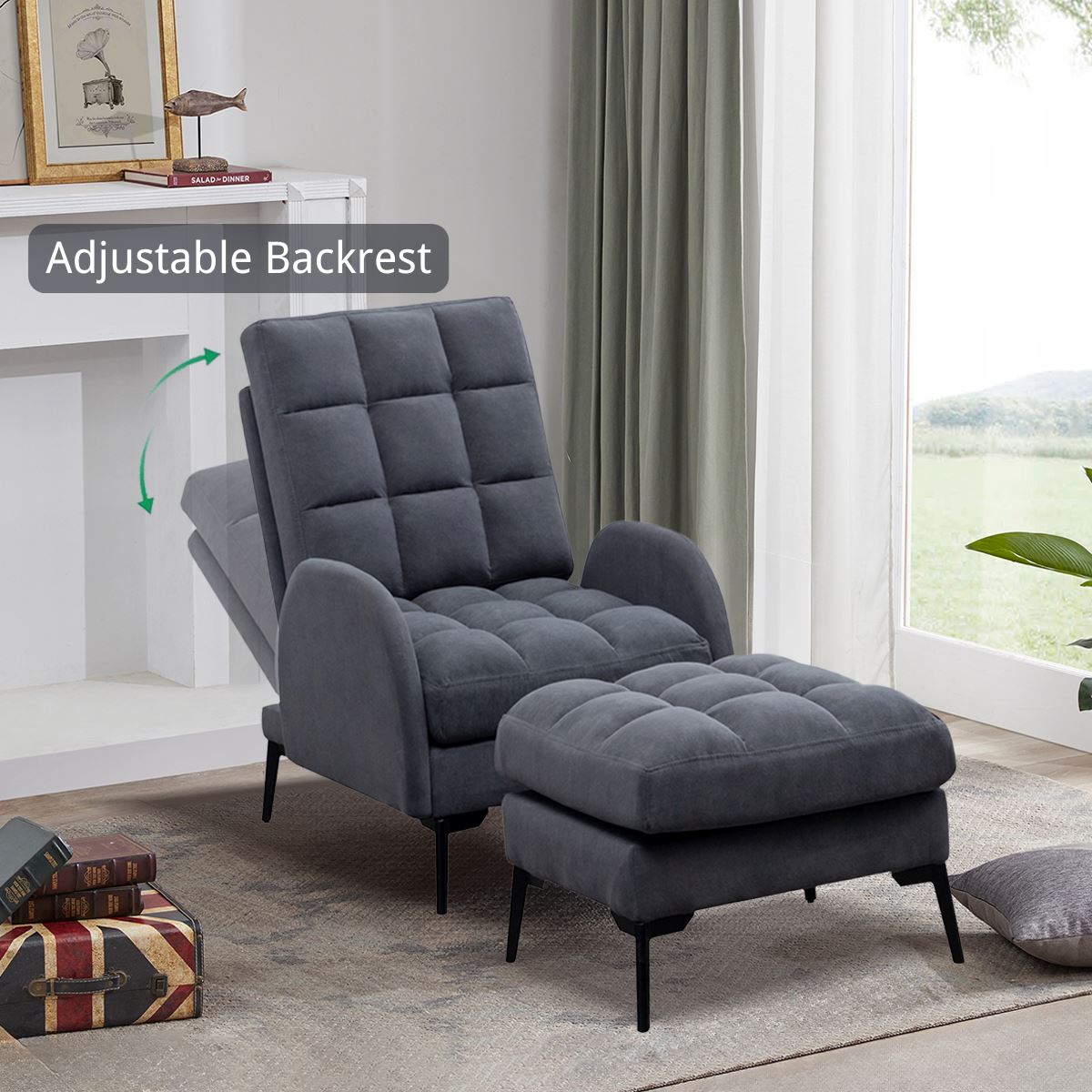 Upholstered Adjustable Backrest Velvet Sleeper Recliner Come with Ottoman Recliners Living and Home 