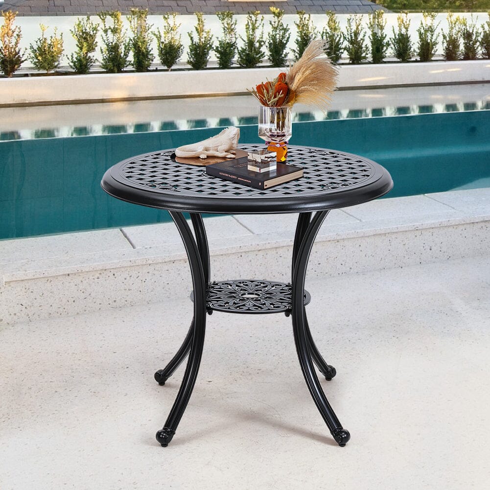 Black Cast Aluminum Round Patio Dining Table with Umbrella Hole ...