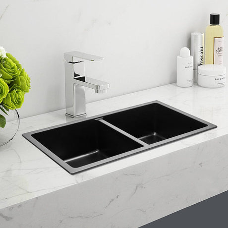 Quartz Undermount Kitchen Sink Double Bowl Black Kitchen Sinks Living and Home Black without side 