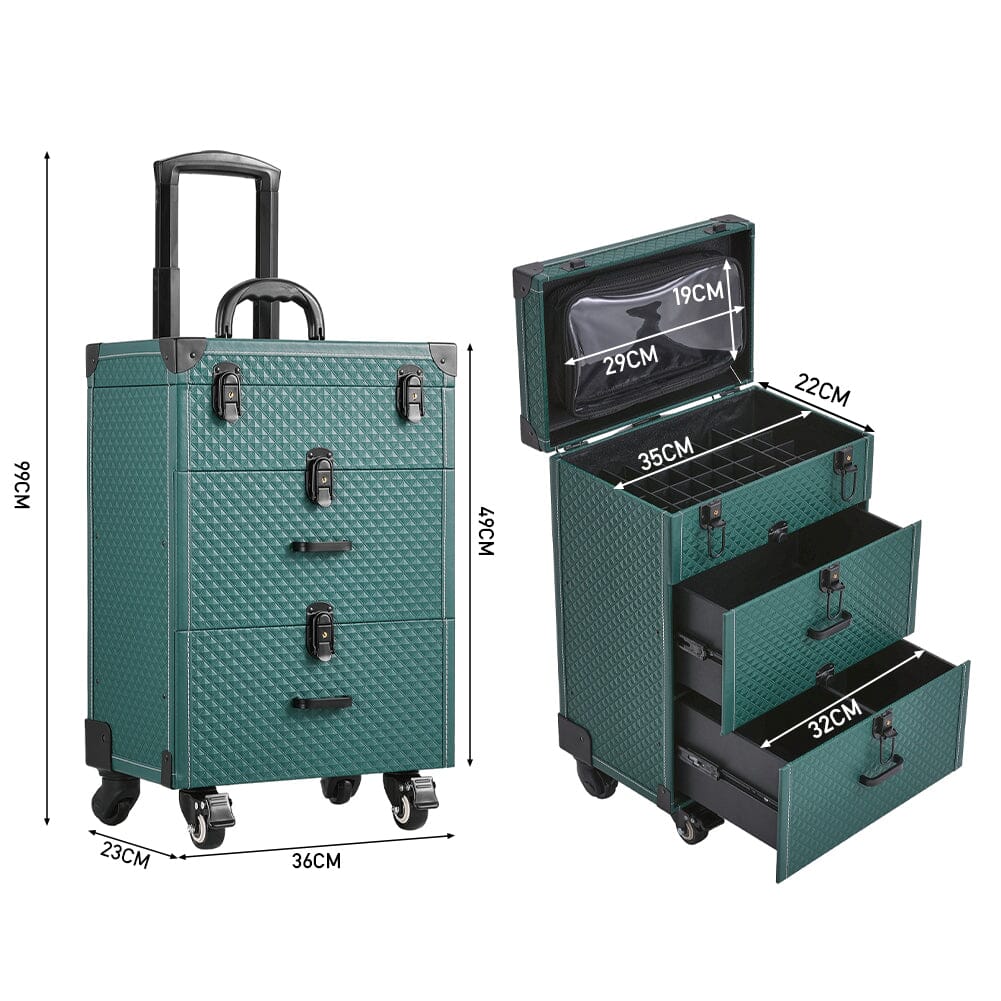 White/Green 3 in 1 Professional Cosmetic Trolley Case Makeup Box