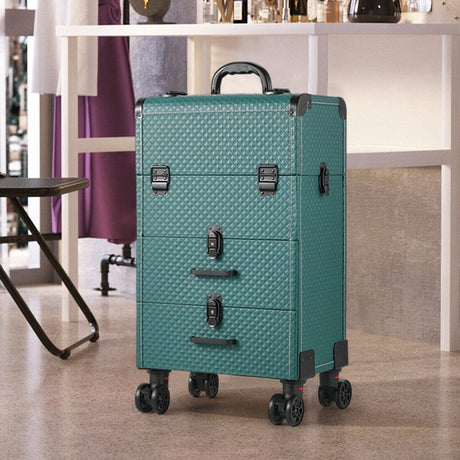 3 in 1 Large Dark Green Cosmetic Trolley Case on 360 Swivel Castors Wheels Makeup Organizers Living and Home 